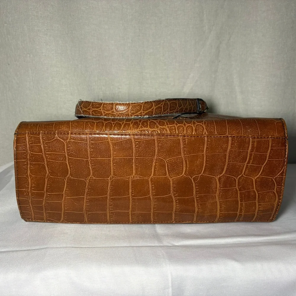 Anne Klein Cognac Brown Croc Embossed Tote‎ Bag Gold Chain Zebra Print Lining